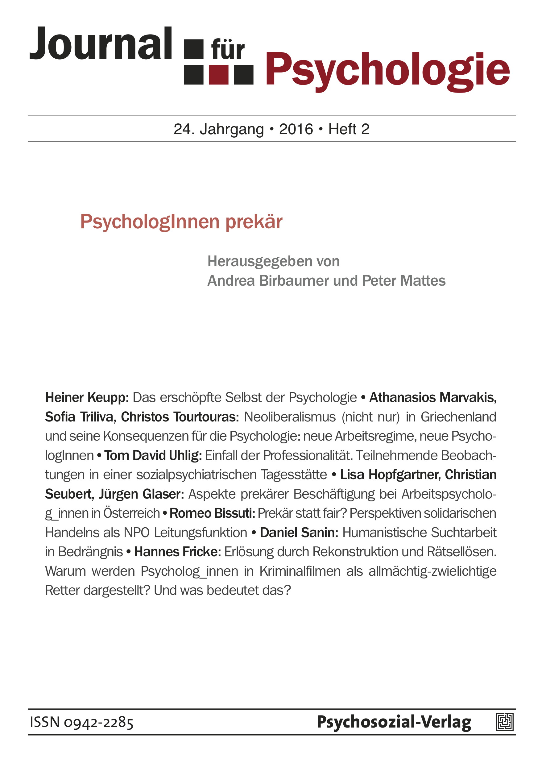 Ansehen Bd. 24 Nr. 2 (2016): PsychologInnen prekär